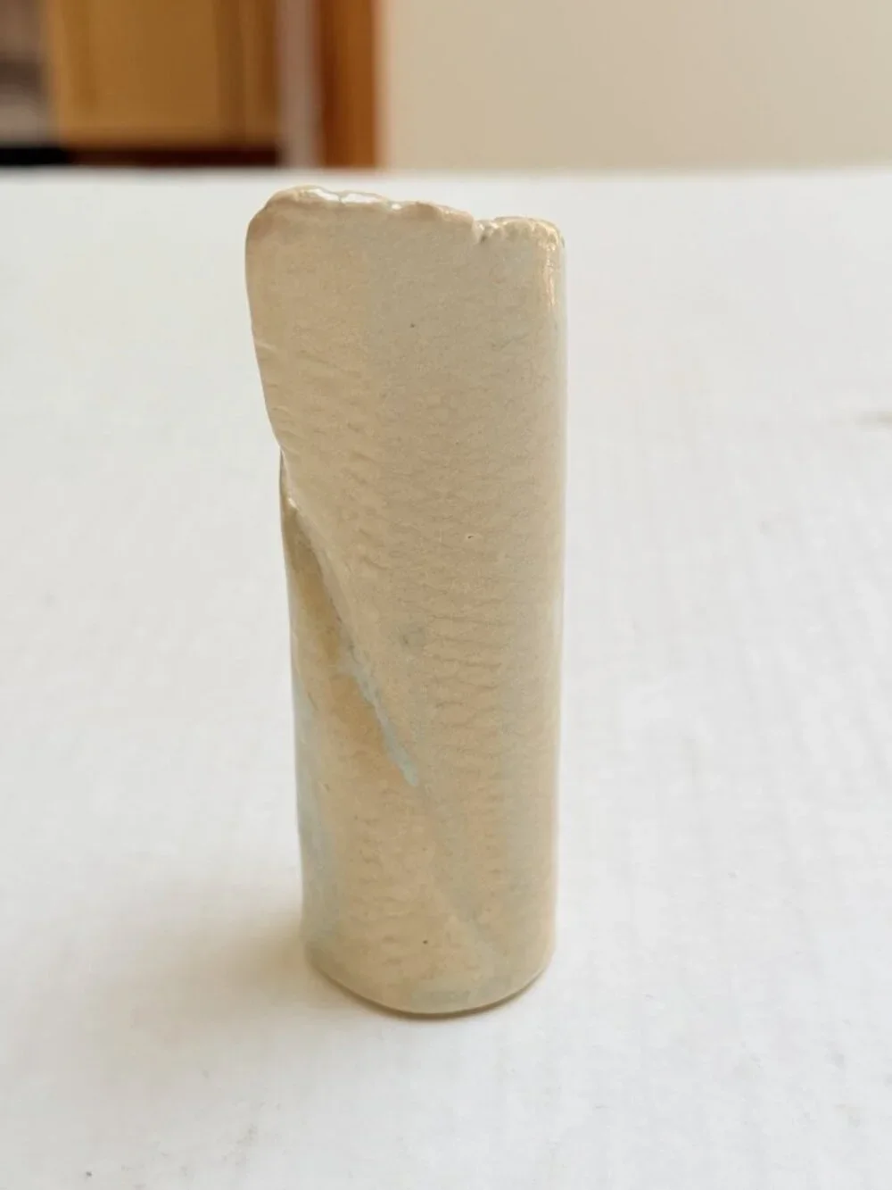 Handmade Art Pottery Vase Tulip Split Opening Beige Curled Bud Vase Decor Marked